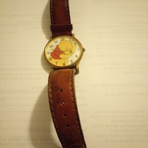 Brown Leather Strap Watch with Pooh Bear Dial